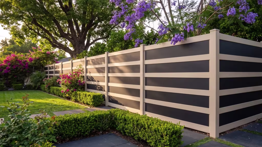 Tall Tan vinyl privacy fence with acrylic marking a duplex yard under a jacaranda canopy and bougainvillea