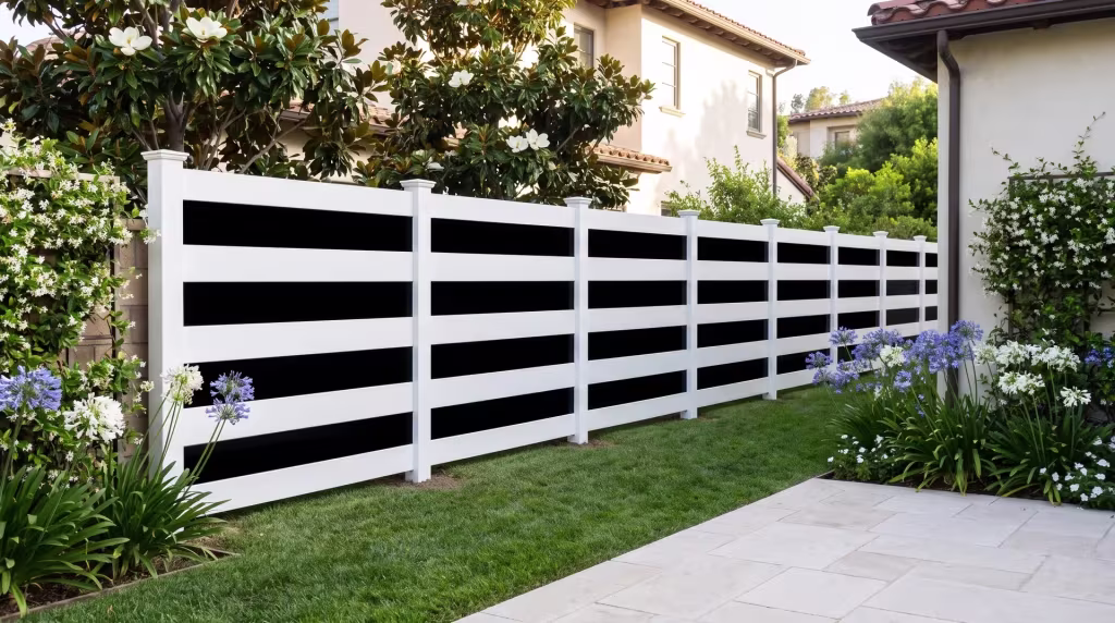 Magnolia and agapanthus grow beside a White vinyl privacy fence with acrylic on a well-kept lawn