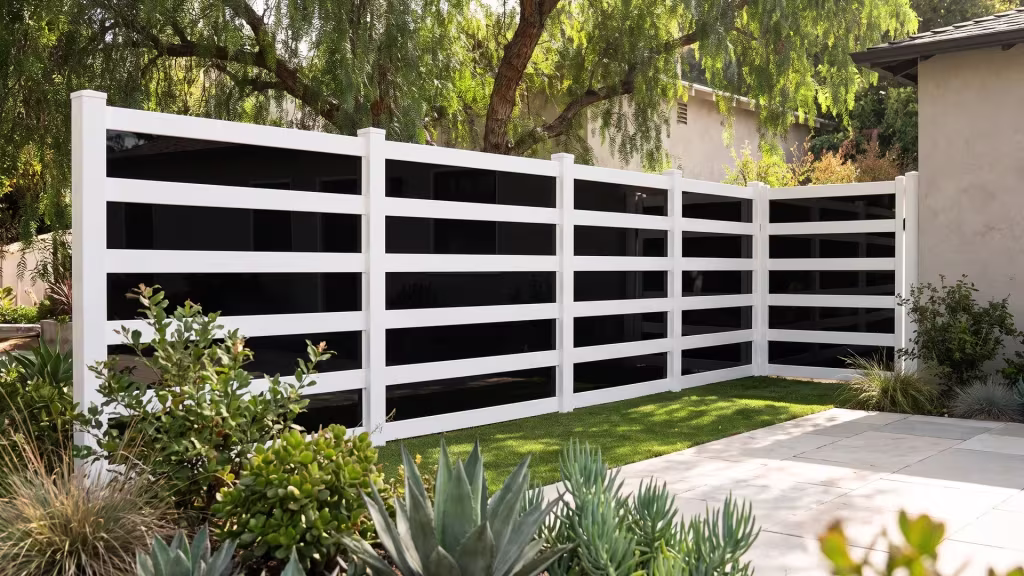 Pale stone steps run beneath a White vinyl privacy fence with acrylic under a broad pepper tree canopy