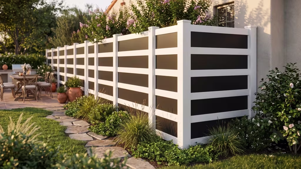 White vinyl privacy fence with acrylic lining a flagstone walk among crepe myrtle and camellia plantings