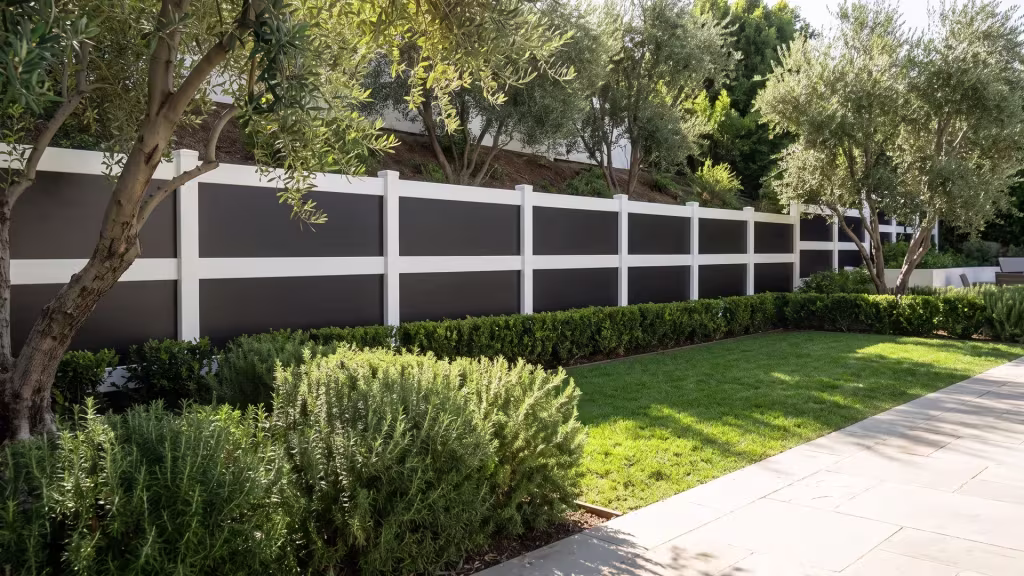 White vinyl privacy fence with acrylic set on pale stone paving among mature olive trees