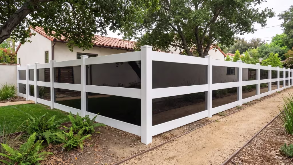 Compact urban yard framed by a White vinyl privacy fence with acrylic beneath coast live oak shade and ferns