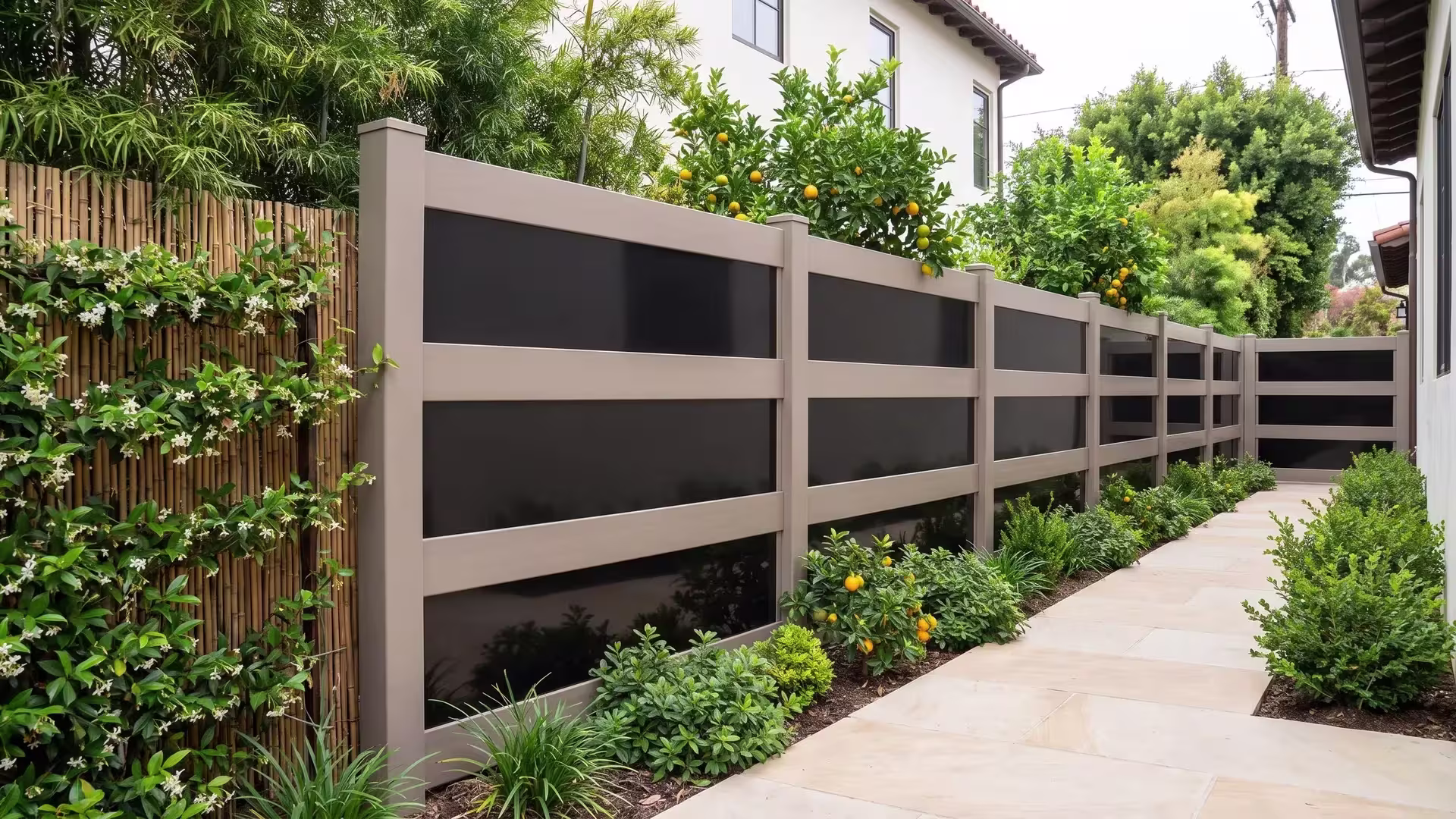 Clay vinyl privacy fence with acrylic screening bamboo stands and citrus trees along pale stone paving
