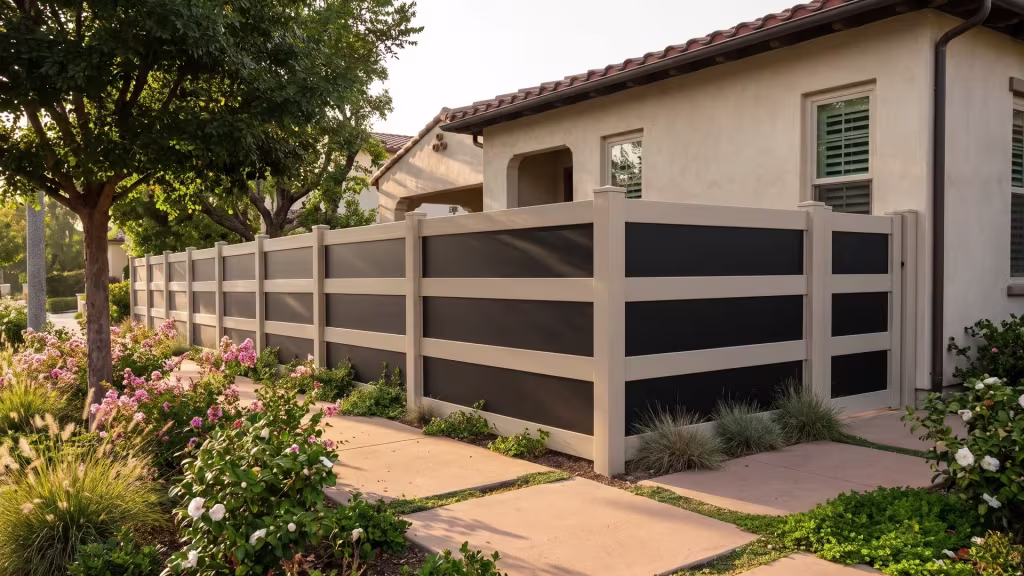 Tan vinyl privacy fence with acrylic bordering a shade tree yard planted with crepe myrtle and camellias