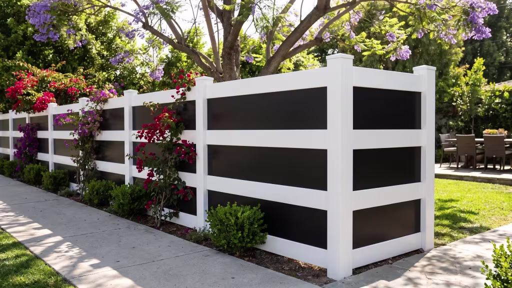 Bougainvillea and jacaranda shade the White vinyl privacy fence with acrylic edging a broom finished walk