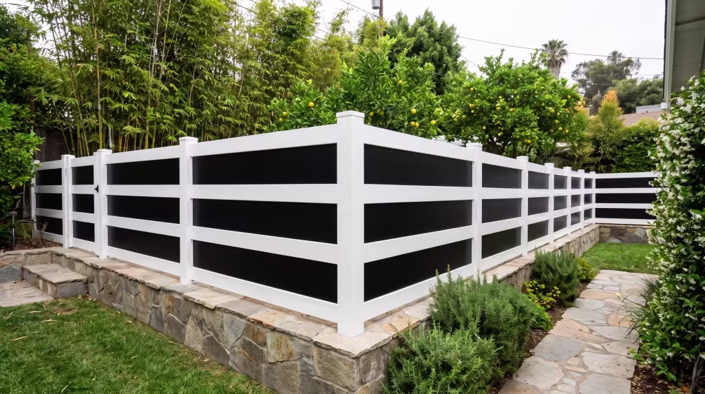 Bamboo screening and star jasmine soften a White vinyl privacy fence with acrylic as it climbs the hillside grade