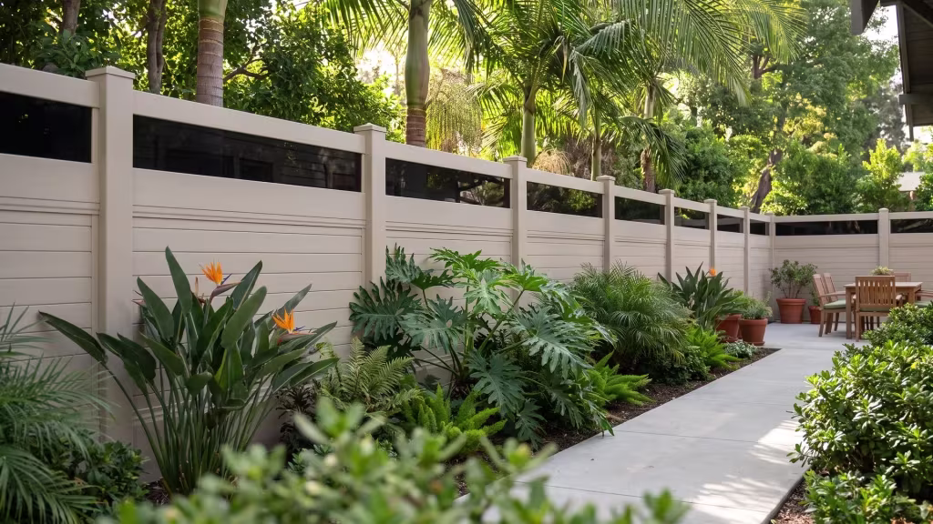 Tan vinyl privacy fence built horizontal with an acrylic top, enclosing a garden beside a dining terrace