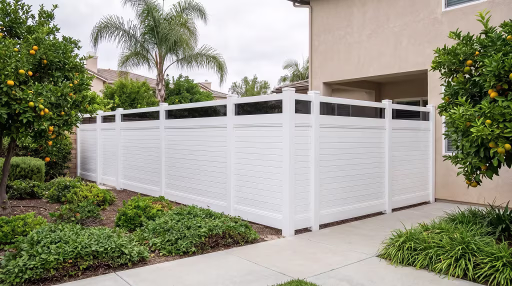 White vinyl fence, horizontal privacy boards capped in acrylic, framing a backyard walk beneath a tall fan palm
