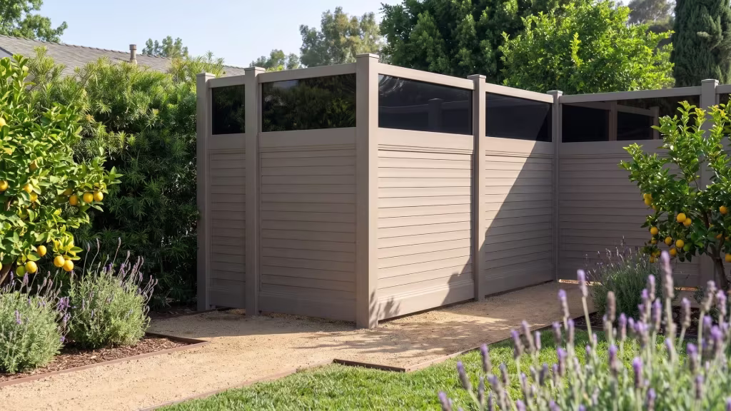 Lemon trees and podocarpus line the yard behind this Clay vinyl privacy fence, horizontal boards under an acrylic top rail