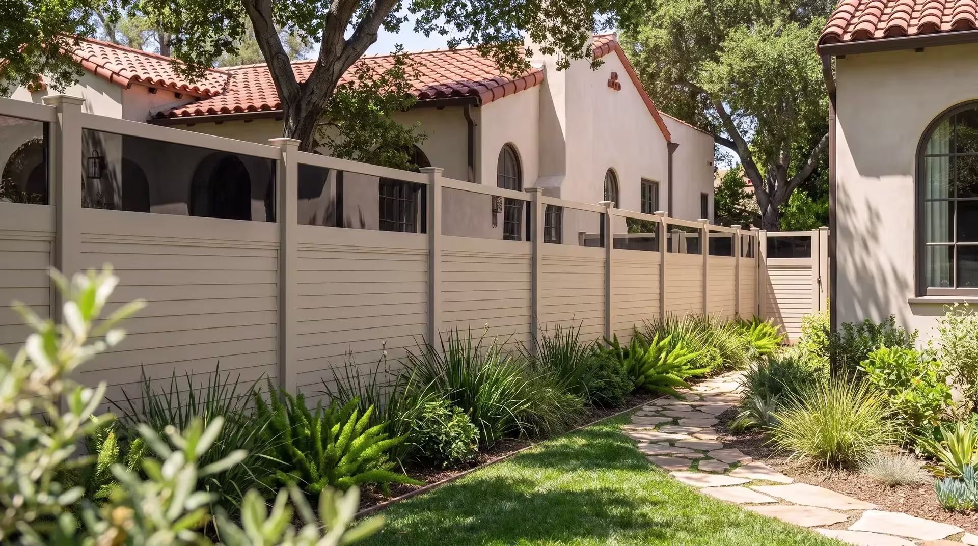 Tan vinyl horizontal privacy fence, finished with an acrylic cap, steps down a terraced hillside beneath coast live oaks