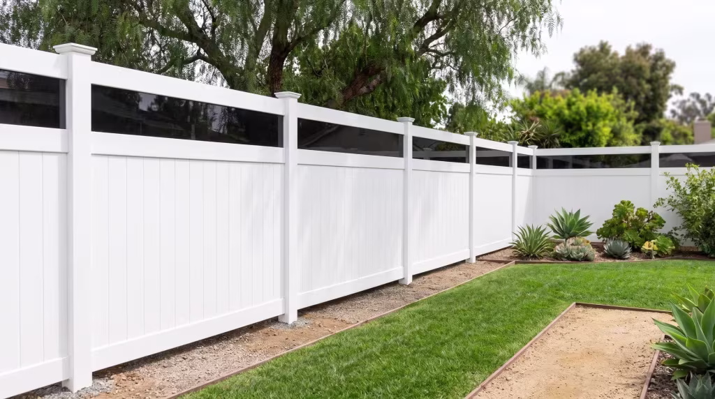 A decomposed granite path edged in steel runs past this horizontal White vinyl privacy fence with acrylic infill