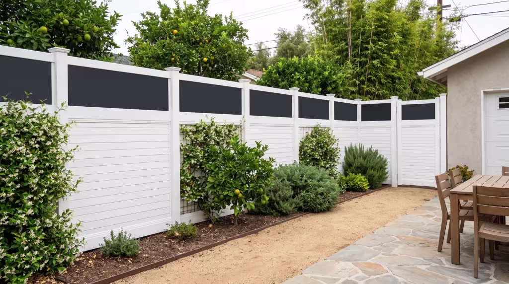 Bamboo screening backs an outdoor dining terrace where a White horizontal vinyl privacy fence meets a clear acrylic band