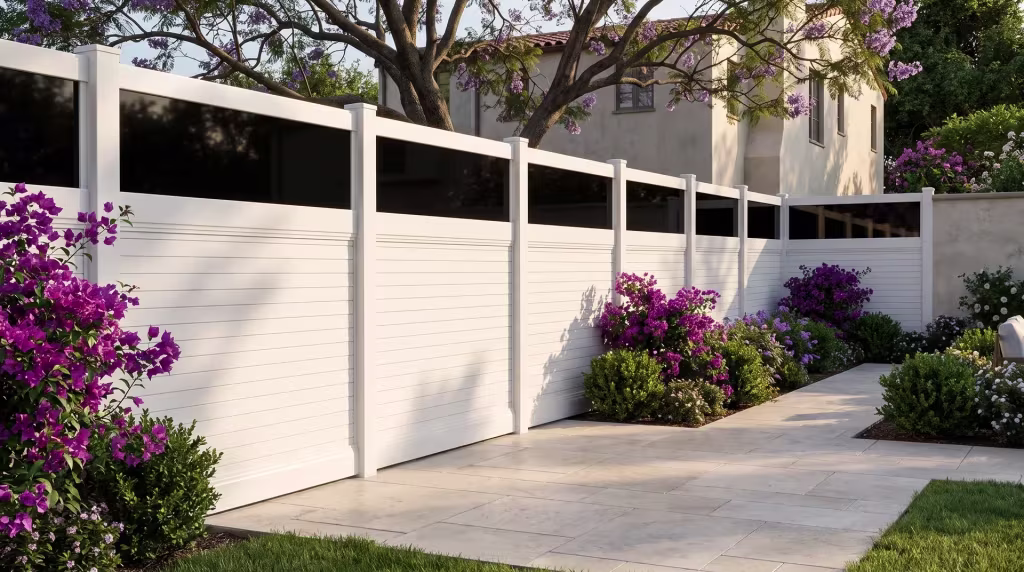 Jacaranda canopy and bougainvillea shade a terrace bordered by a White horizontal vinyl privacy fence with an acrylic band