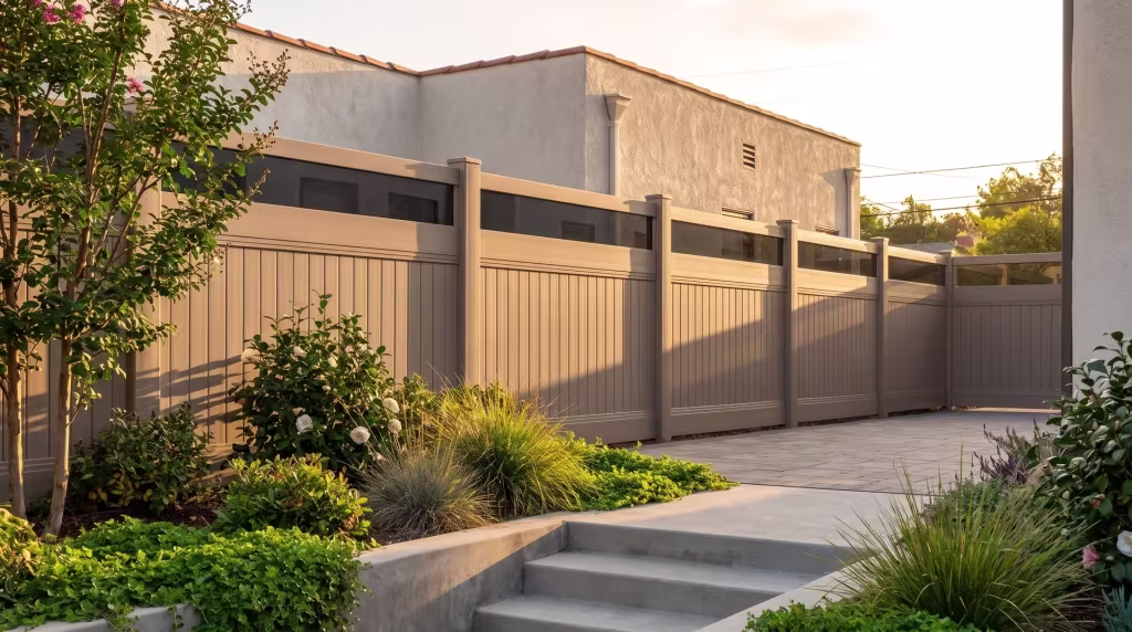 A Spanish Revival home's rear lawn is bordered by a Clay vertical vinyl privacy fence topped with clear acrylic