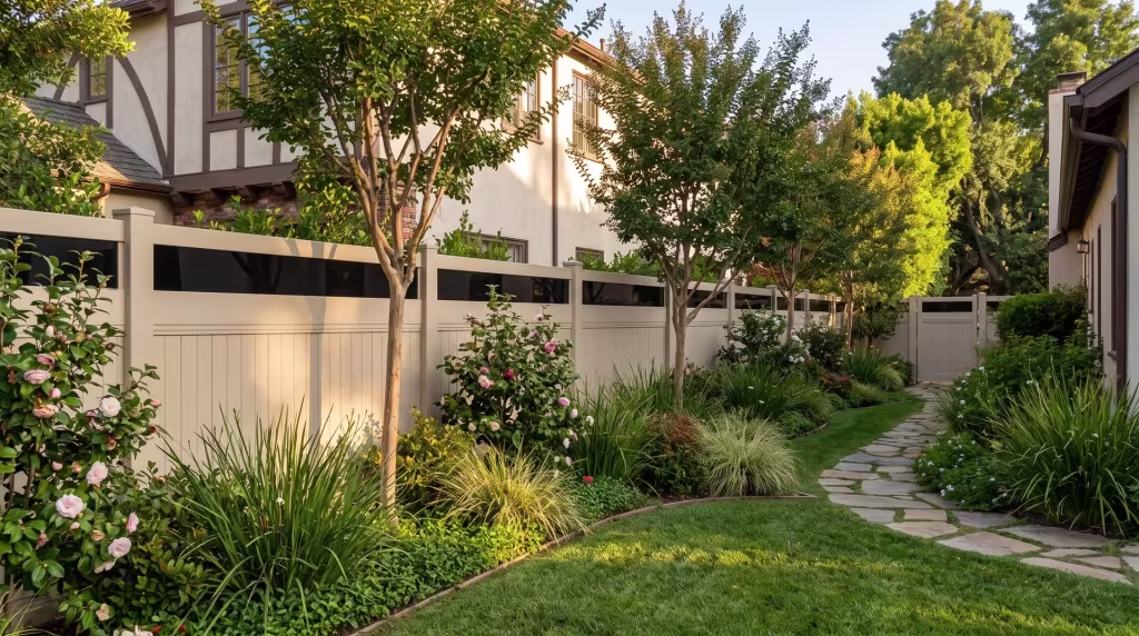 A Tan vertical vinyl privacy fence with a clear acrylic top runs alongside a narrow flagstone walk