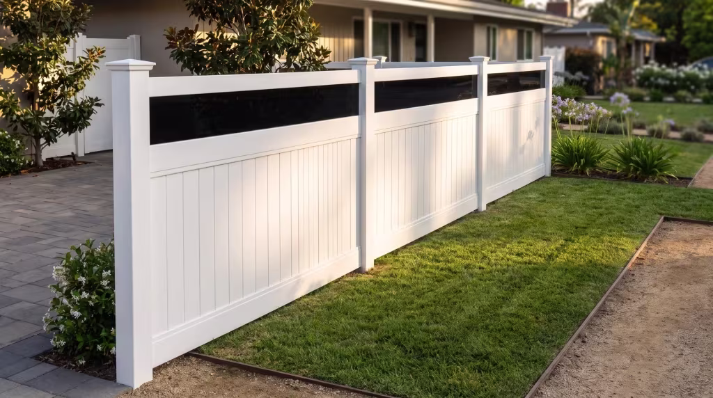 A White vertical vinyl privacy fence with an acrylic top stands beside steel-edged decomposed-granite paths