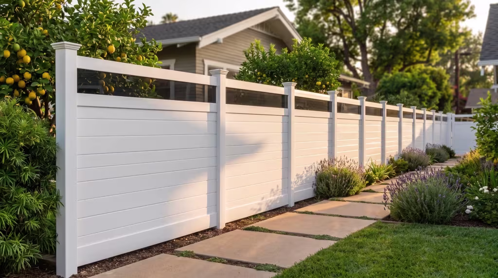 Lemon trees line a narrow side yard closed off by a White vinyl horizontal privacy fence under a clear acrylic band