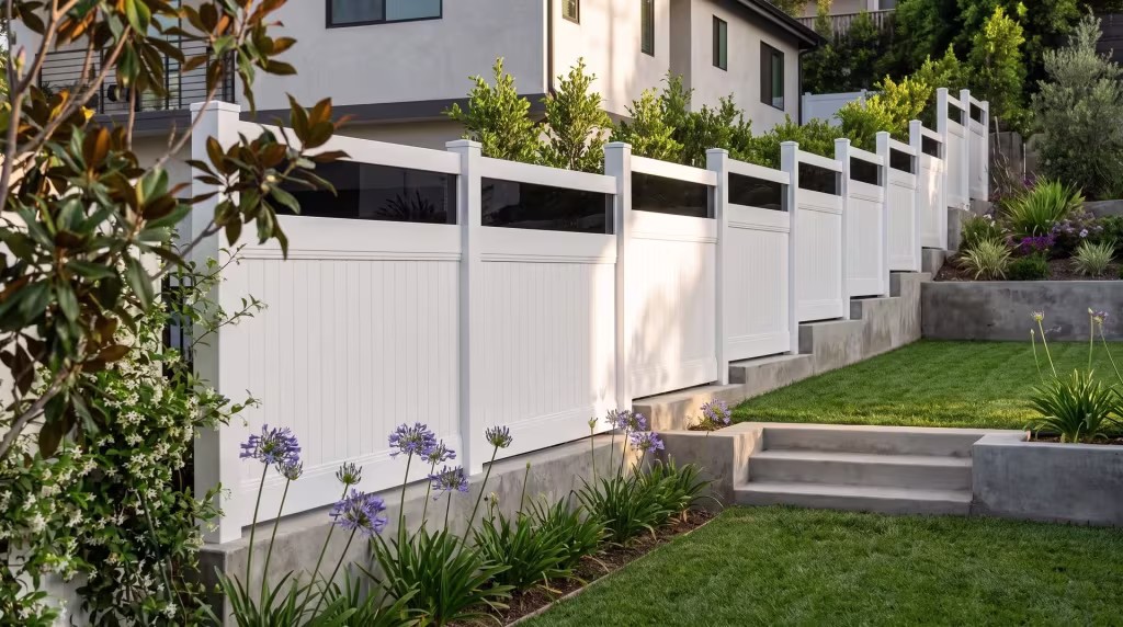 A modern home's terraced yard is lined by a White vertical vinyl privacy fence under a clear acrylic top