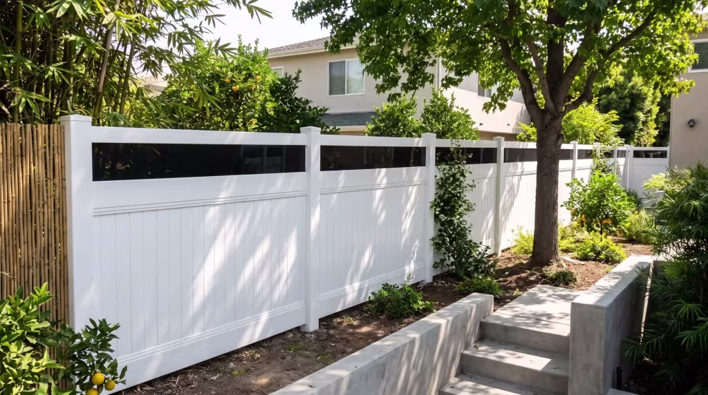 Bamboo screening rises behind a White vertical vinyl privacy fence finished with a clear acrylic top in a duplex yard