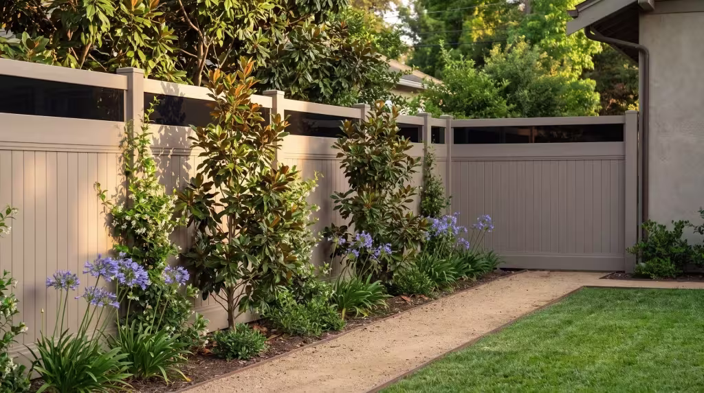A Craftsman bungalow's granite path runs past a Clay vertical vinyl privacy fence capped in clear acrylic