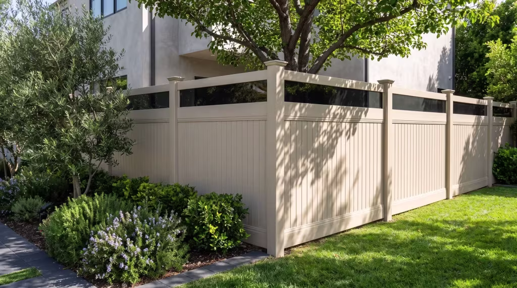 Mature olive trees stand behind a Tan vertical vinyl privacy fence wearing a clear acrylic top
