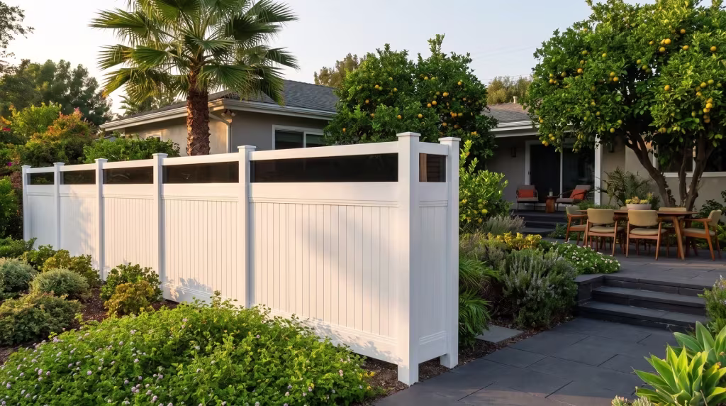 Dark charcoal pavers lead to a White vertical vinyl privacy fence crowned with a clear acrylic cap near a dining terrace