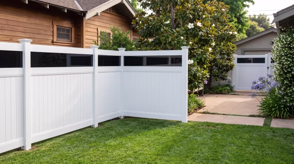 Warm concrete pavers with planted joints border a White vertical vinyl privacy fence fitted with a clear acrylic top