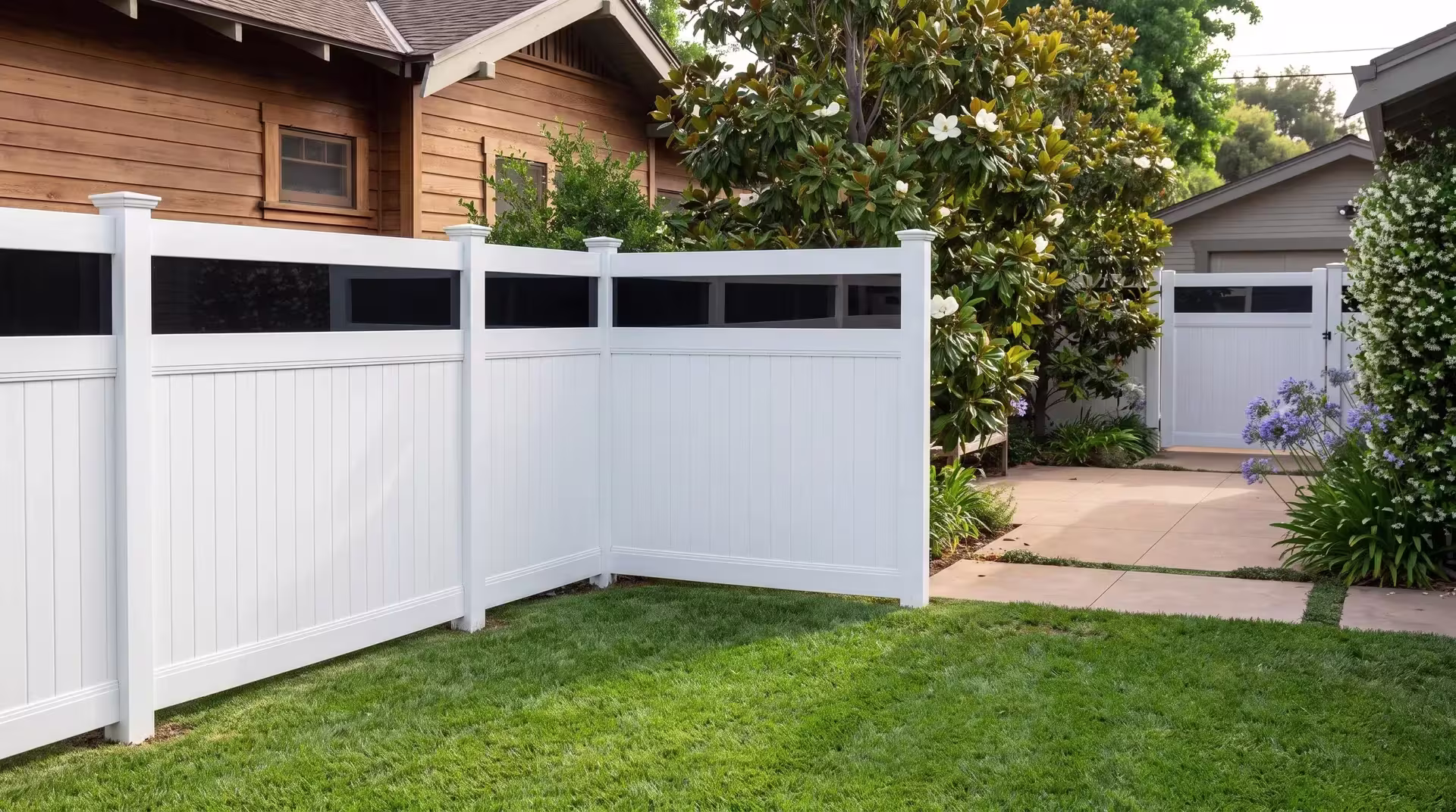 Warm concrete pavers with planted joints border a White vertical vinyl privacy fence fitted with a clear acrylic top