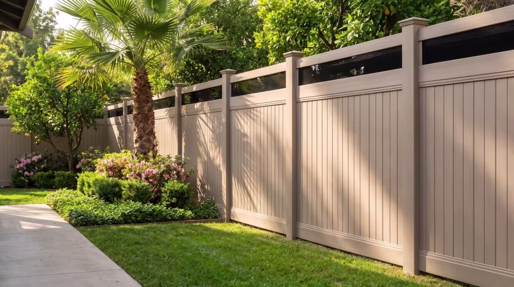 A broom-finished concrete walk leads to a Clay vertical vinyl privacy fence that rises to a clear acrylic top