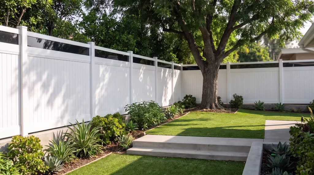 A pepper tree canopy shades a White vertical vinyl privacy fence that wears a clear acrylic cap