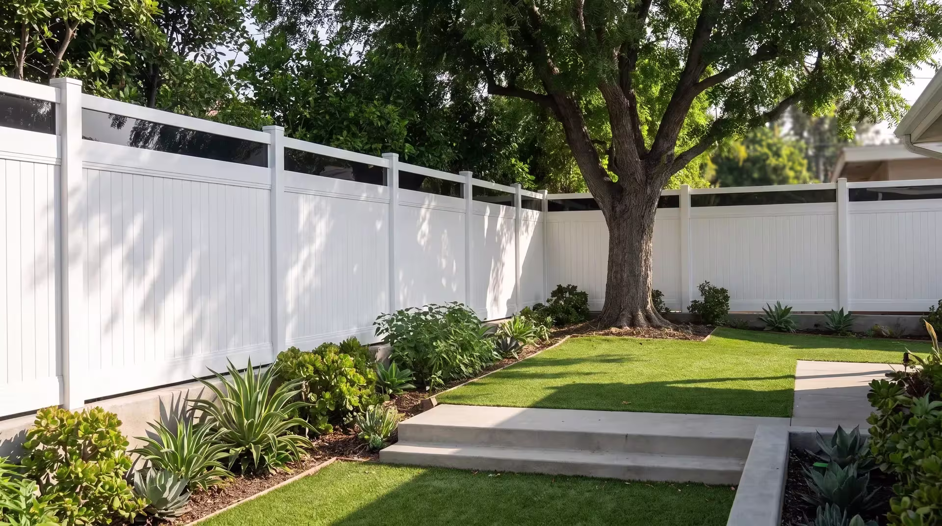 A pepper tree canopy shades a White vertical vinyl privacy fence that wears a clear acrylic cap
