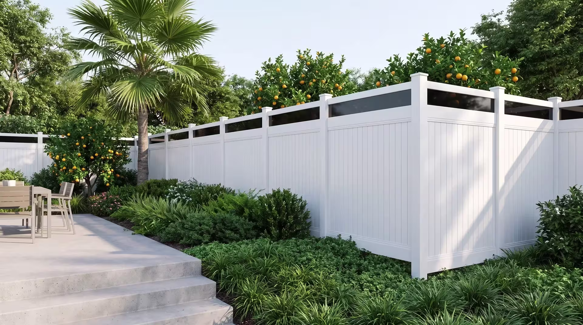 A dining terrace opens onto poured-concrete steps beside a White vertical vinyl privacy fence that meets a clear acrylic top