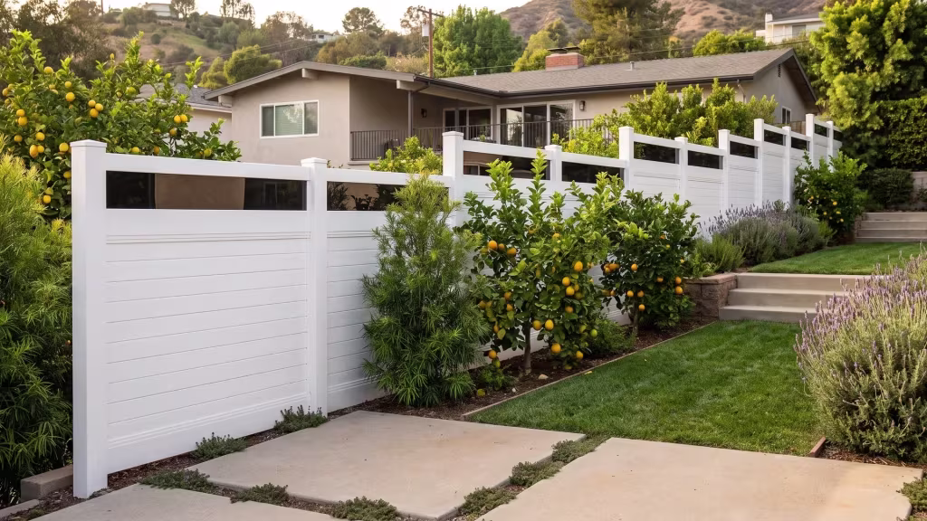 Terraced hillside yard leveled by stepped White vinyl horizontal privacy panels topped with acrylic