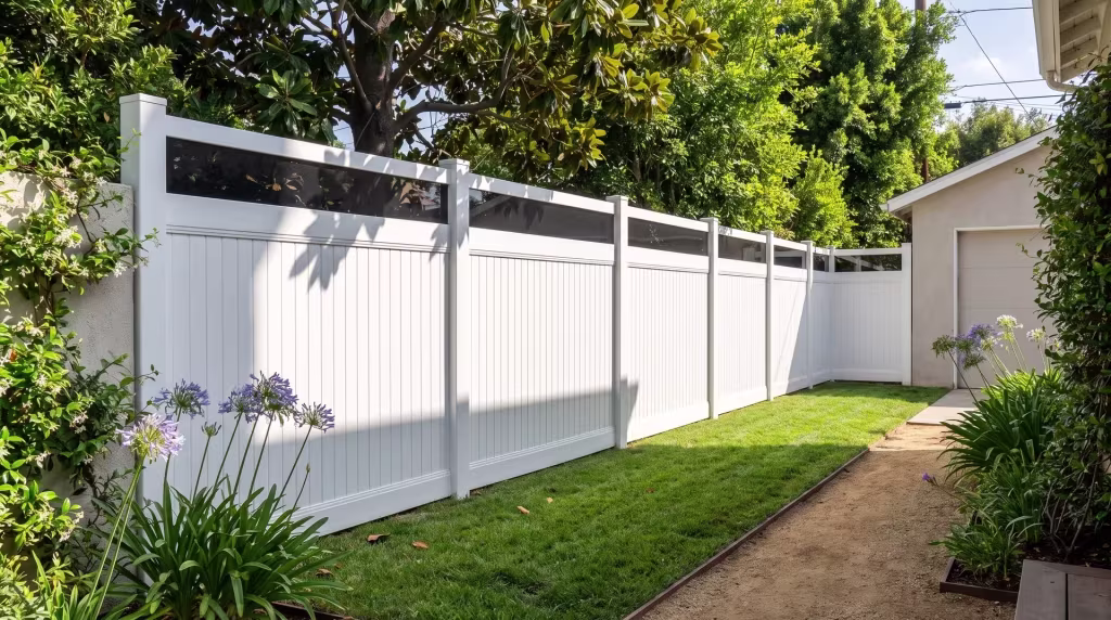 A Mediterranean-style home's backyard is bordered by a White vertical vinyl privacy fence carrying a clear acrylic top