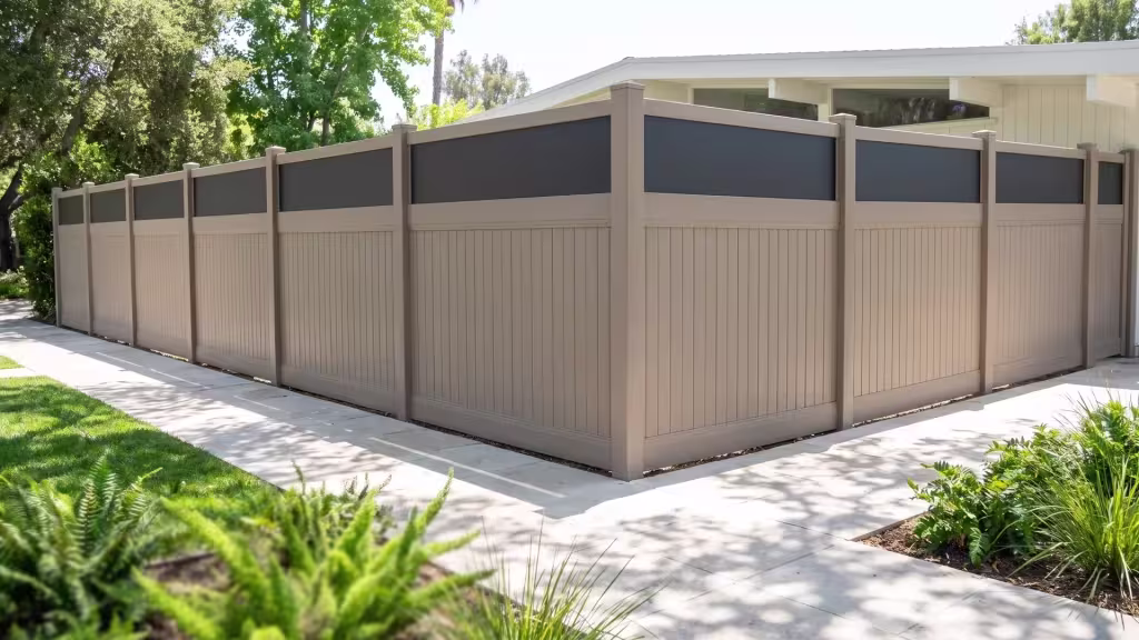 Clay vinyl fence pairs vertical privacy boards with an acrylic top along a compact backyard under coast live oak shade