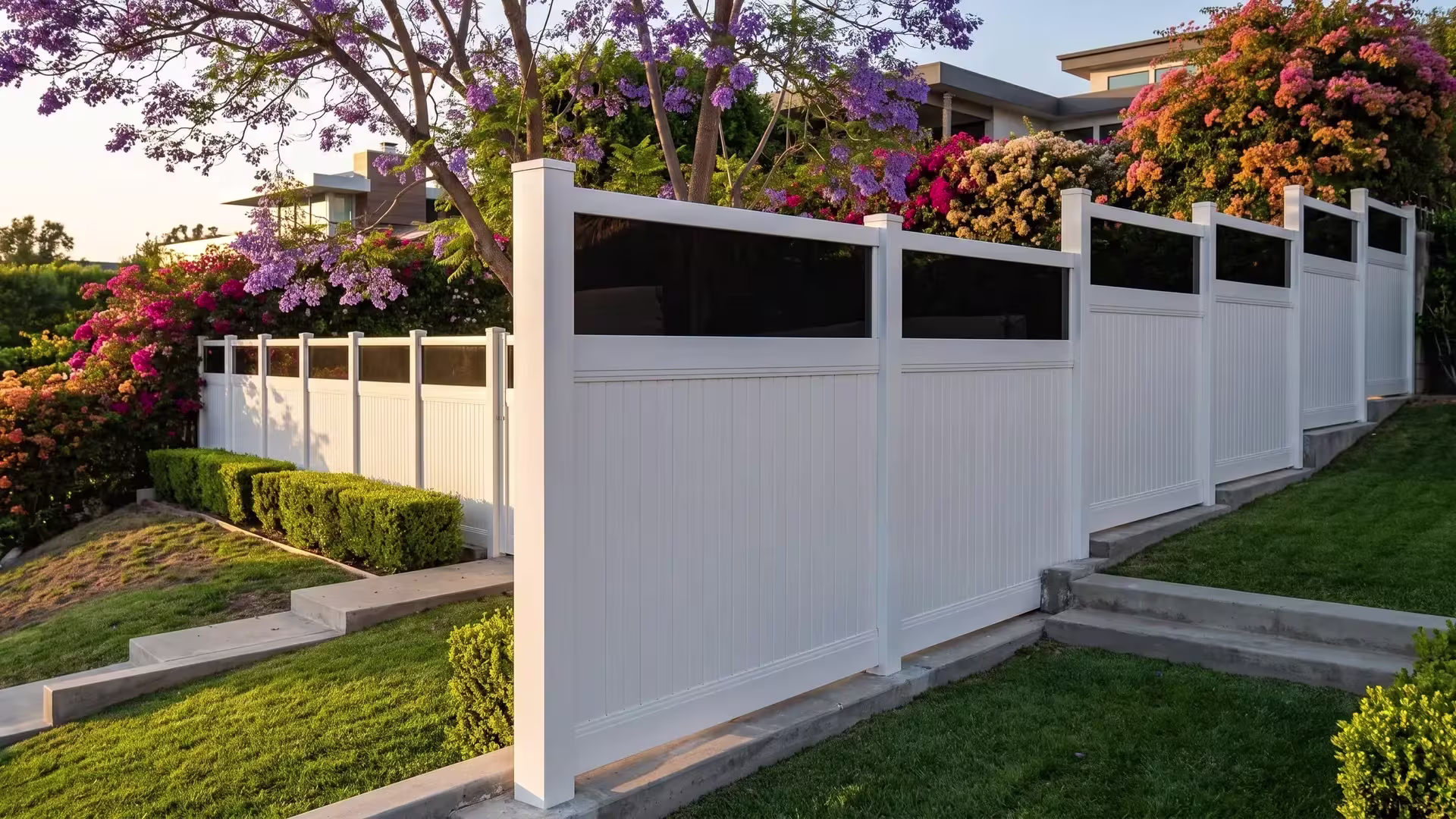 An acrylic top crowns a White vertical privacy vinyl fence stepping down a terraced hillside past concrete retaining edges