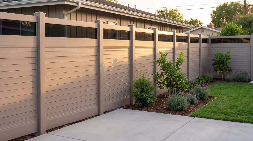Clay vinyl horizontal privacy fence, capped in clear acrylic, stands beside a mid-century ranch home and concrete walk
