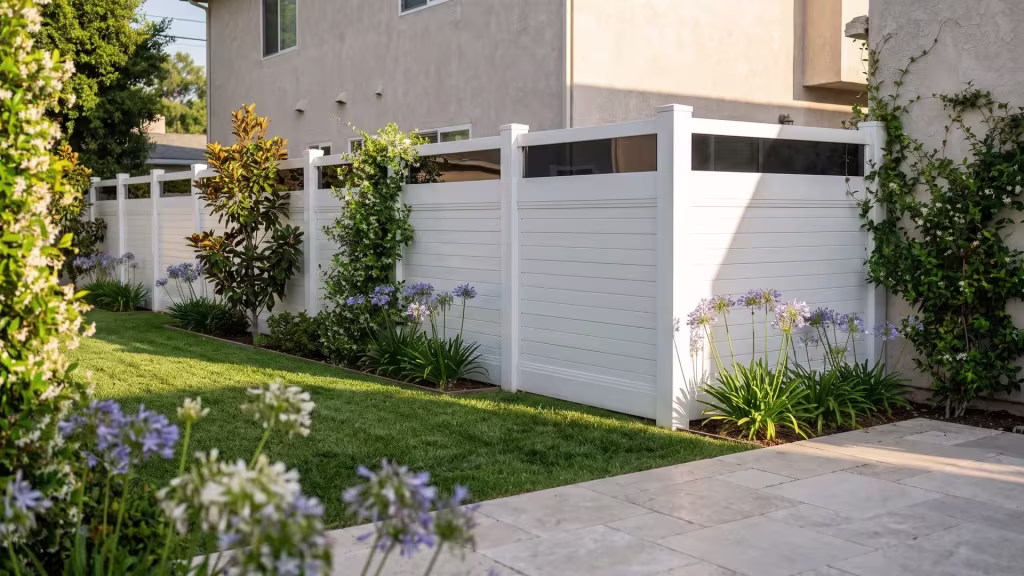 Magnolia and jasmine grow beside this horizontal White vinyl privacy fence, boards capped by a clean acrylic top rail