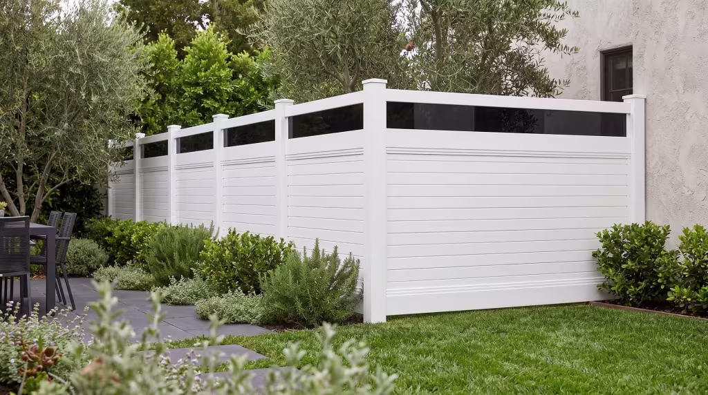 Olive trees frame the yard where this White vinyl fence pairs horizontal privacy boards with a clear acrylic cap