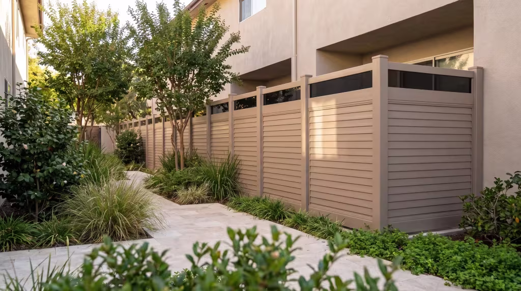 Crepe myrtle and camellias border a courtyard yard enclosed by a horizontal Clay vinyl privacy fence under an acrylic band