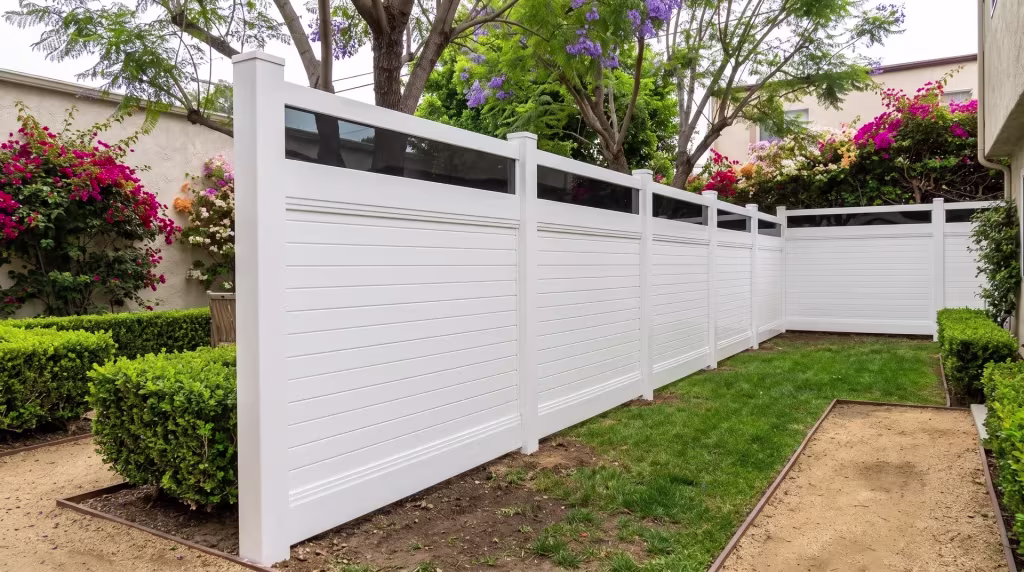 A decomposed granite courtyard path runs beside a horizontal White vinyl privacy fence capped with acrylic