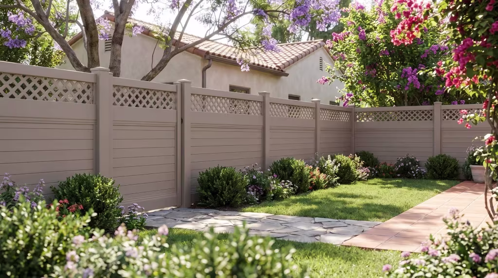 Clay vinyl horizontal privacy fence borders a paved patio behind a bungalow, its lattice top open along the rail