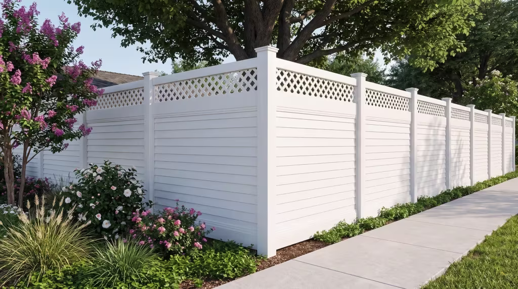 White vinyl horizontal privacy fence runs beside a broom-finished concrete walk, its lattice top open near a shade tree