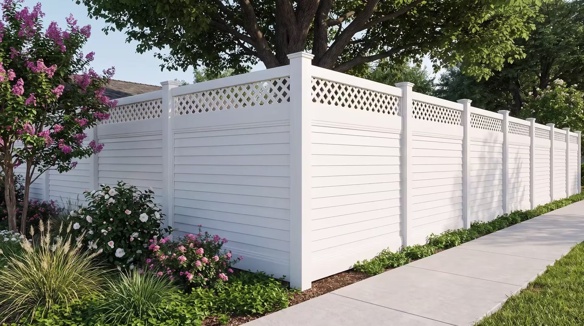 White vinyl horizontal privacy fence runs beside a broom-finished concrete walk, its lattice top open near a shade tree