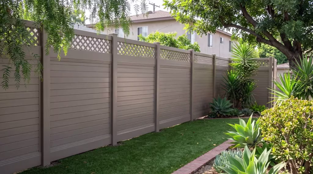 Clay vinyl horizontal privacy fence lines a brick-edged garden path at a landscaped duplex, its lattice top open above