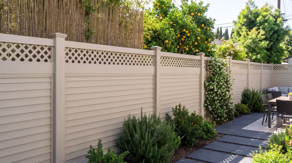 Tan vinyl horizontal privacy fence encloses a dining terrace paved with dark charcoal pavers, the lattice top left open above