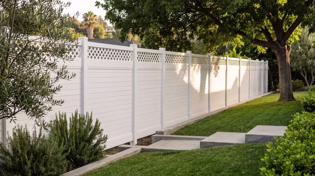 Poured-concrete steps climb this hillside lot beside White vinyl horizontal fencing, its lattice top left open