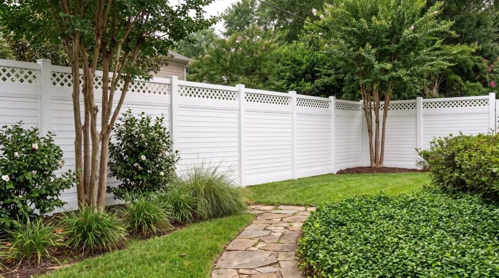 A flagstone walk crosses the lawn beside White vinyl horizontal fencing at this suburban home, its lattice top left open