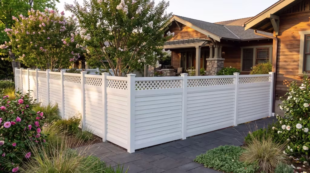 White vinyl horizontal privacy fence meets dark charcoal pavers at a quiet Craftsman bungalow, its lattice band open overhead