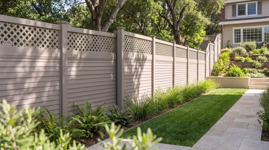 Clay vinyl horizontal privacy fence with an open lattice top steps down a terraced hillside yard shaded by oak